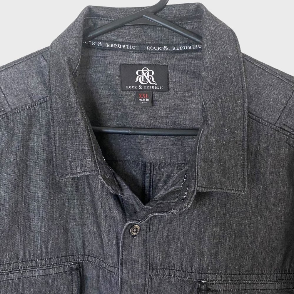 Rock & Republic Button-Up Shirt Mens XXL Dark Gray Denim Casual Long Sleeve - Picture 4 of 15